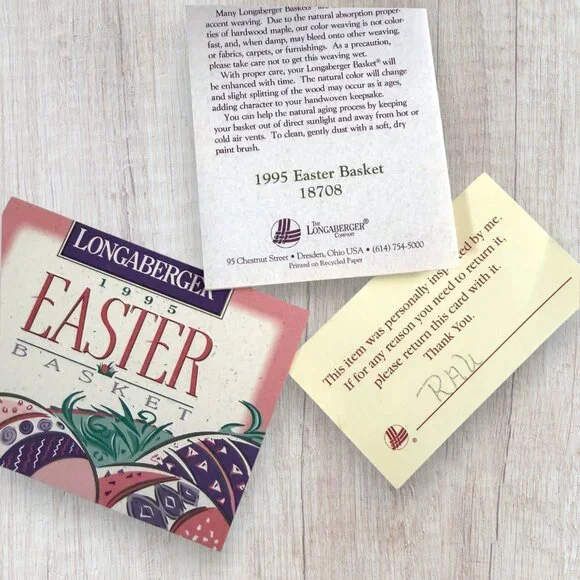 Longaberger 1995 Signed Easter Basket Handwoven Liner Insert Original Paperwork